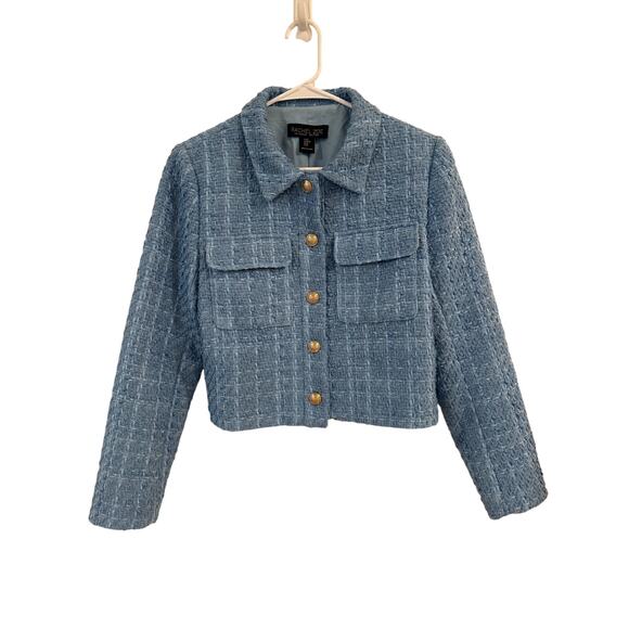 Rachel Zoe Long Sleeve Pockets Tweed Crop Blazer Jacket Blue Women's Size Medium - Picture 1 of 10